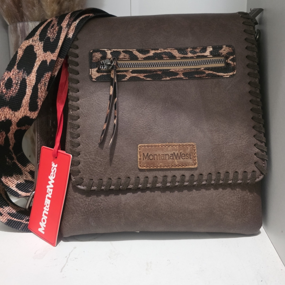 Montana West Brown Messenger Bag with Leopard Accent